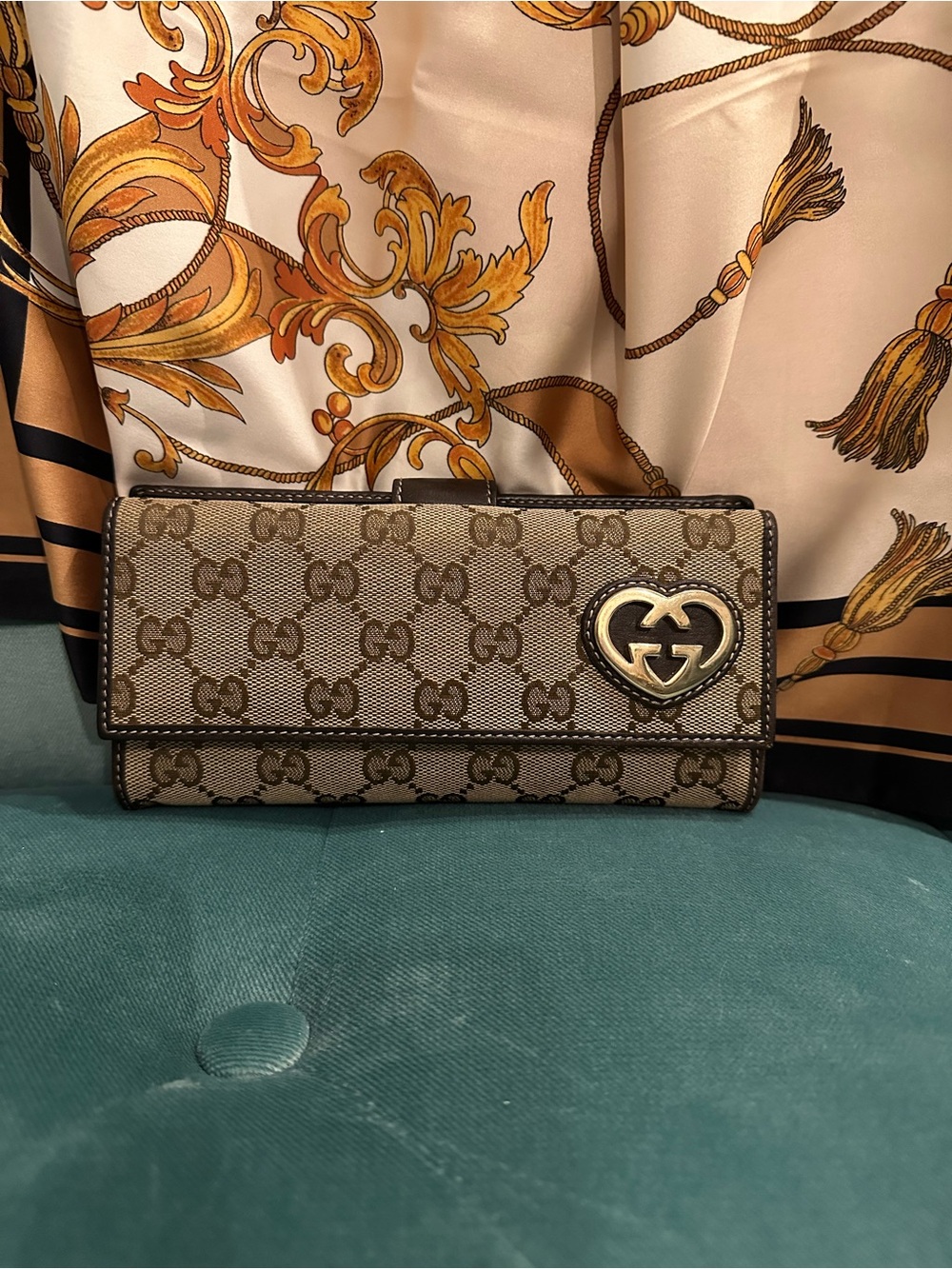 Gucci Brown GG Canvas Wallet with Gold Heart Logo